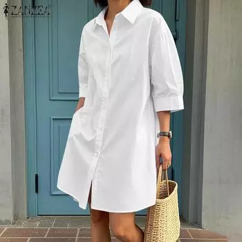 ZANZEA Женское повседневное летнее свободное платье с отложным воротником и короткими рукавами S тёмно-синий