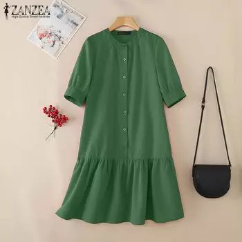 ZANZEA Женское повседневное летнее свободное платье с коротким рукавом и круглым вырезом S красный