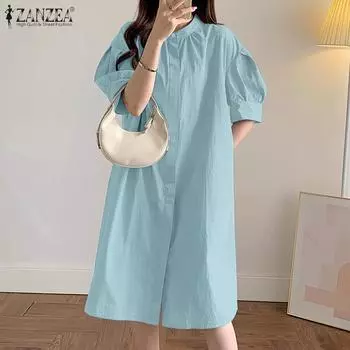 ZANZEA Женское повседневное летнее свободное платье с коротким рукавом и воротником-стойкой S розовый