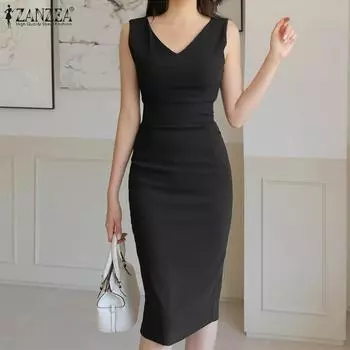 ZANZEA Женское повседневное летнее тонкое длинное платье без рукавов с v-образным вырезом
