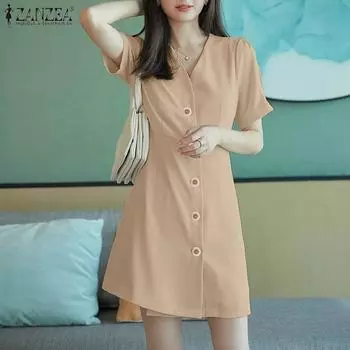 ZANZEA Женское повседневное летнее тонкое платье с v-образным вырезом и коротким рукавом