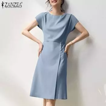 ZANZEA Женское повседневное летнее тонкое платье с коротким рукавом и круглым вырезом