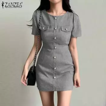 ZANZEA Женское повседневное летнее тонкое платье с коротким рукавом и круглым вырезом