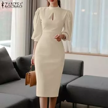 ZANZEA Женское повседневное летнее тонкое платье с воротником-стойкой и рукавами 3/4
