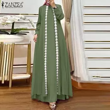 ZANZEA Женское повседневное лоскутное длинное платье с круглым вырезом и длинными рукавами S синий