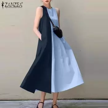ZANZEA Женское повседневное лоскутное летнее платье без рукавов с круглым вырезом S бежевый