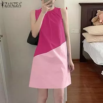 ZANZEA Женское повседневное лоскутное летнее платье без рукавов с круглым вырезом S розовый