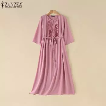 ZANZEA Женское повседневное летнее платье с круглым вырезом и рукавами 3/4 в стиле пэчворк 2XL зелёный