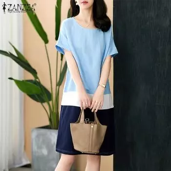 ZANZEA Женское повседневное лоскутное летнее платье с короткими рукавами и круглым вырезом S красный