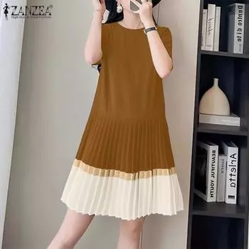 ZANZEA Женское повседневное лоскутное летнее платье с круглым вырезом и короткими рукавами S чёрный