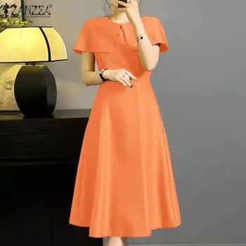 ZANZEA Женское повседневное лоскутное летнее платье без рукавов с круглым вырезом M оранжевый