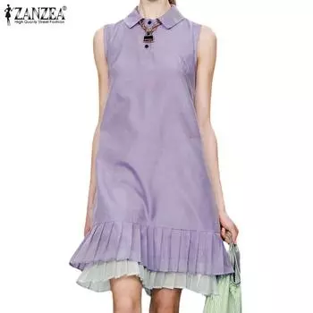 ZANZEA Женское повседневное лоскутное платье без рукавов с отложным воротником, летнее платье XL хаки