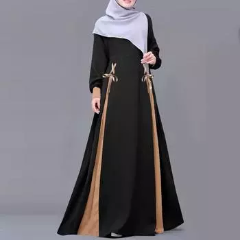 ZANZEA Женское повседневное лоскутное свободное мусульманское платье с длинным рукавом S чёрный