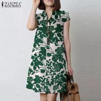 ZANZEA Женское повседневное мини-платье с коротким рукавом и V-образным вырезом с цветочным принтом S чёрный