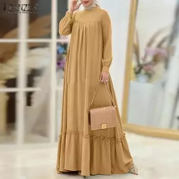 ZANZEA Женское повседневное мусульманское длинное платье с круглым вырезом и длинными рукавами S темно-синий