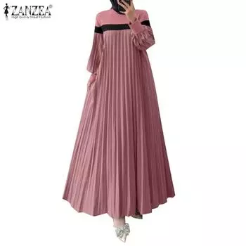 ZANZEA Женское повседневное мусульманское длинное платье с круглым вырезом и длинным рукавом S тёмно-синий