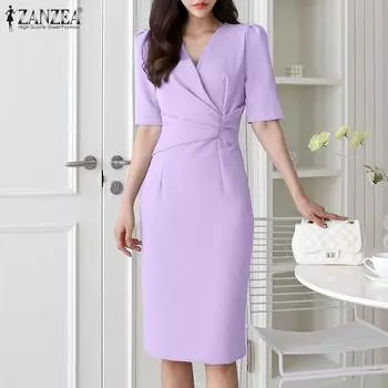 ZANZEA Женское повседневное облегающее летнее платье с V-образным вырезом и коротким рукавом S чёрный