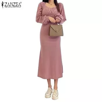 ZANZEA Женское повседневное облегающее платье-футляр с квадратным воротником и длинными рукавами