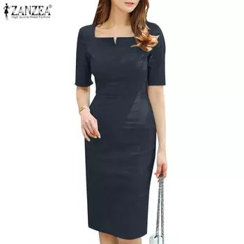 ZANZEA Женское повседневное облегающее платье с квадратным воротником и коротким рукавом S серый