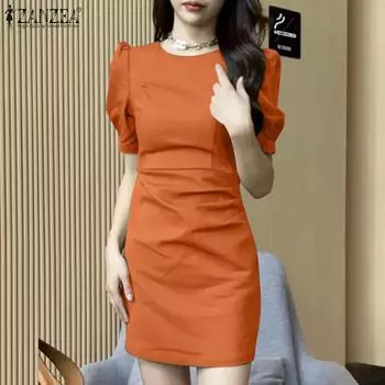 ZANZEA Женское повседневное облегающее платье с круглым вырезом и коротким рукавом 4XL зелёный