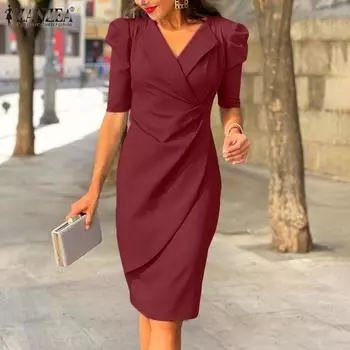 ZANZEA Женское повседневное облегающее платье с V-образным вырезом и коротким рукавом Лето S чёрный