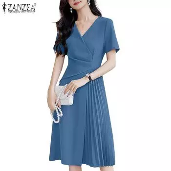 ZANZEA Женское повседневное однотонное элегантное платье с v-образным вырезом и коротким рукавом S чёрный