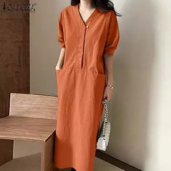 ZANZEA Женское повседневное однотонное длинное платье с v-образным вырезом и коротким рукавом S чёрный