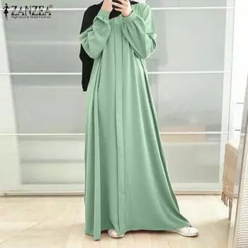 ZANZEA Женское повседневное однотонное длинное платье с круглым вырезом и длинными рукавами