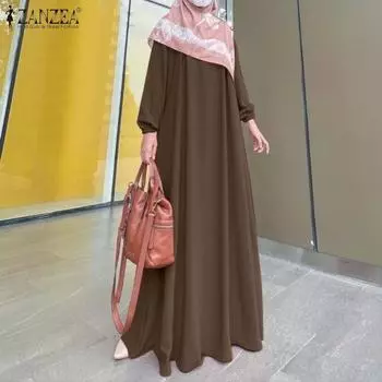 ZANZEA Женское повседневное однотонное длинное платье с круглым вырезом и длинными рукавами