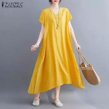 ZANZEA Женское повседневное однотонное длинное платье с v-образным вырезом и коротким рукавом XL