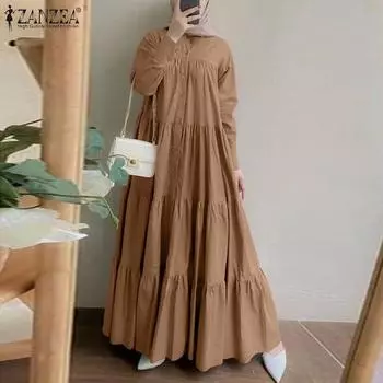 ZANZEA Женское повседневное однотонное длинное платье с круглым вырезом и длинными рукавами 4XL розовый