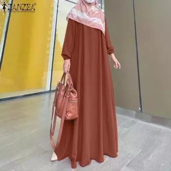 ZANZEA Женское повседневное однотонное длинное платье с круглым вырезом и длинными рукавами 2XL чёрный