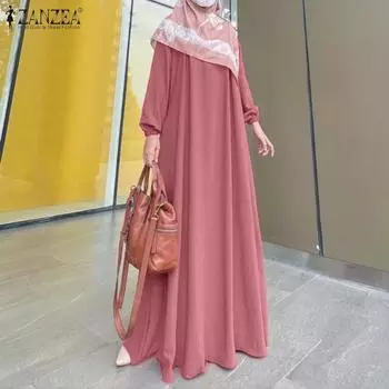ZANZEA Женское повседневное однотонное длинное платье с длинным рукавом и круглым вырезом