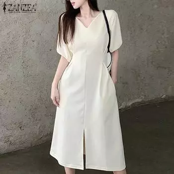 ZANZEA Женское повседневное однотонное летнее длинное платье с v-образным вырезом и коротким рукавом
