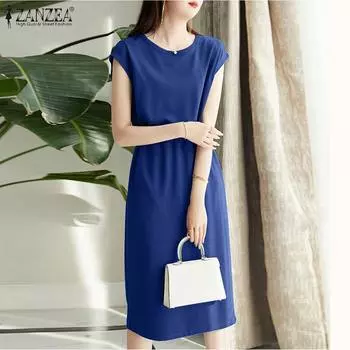 ZANZEA Женское повседневное однотонное летнее длинное платье без рукавов с круглым вырезом