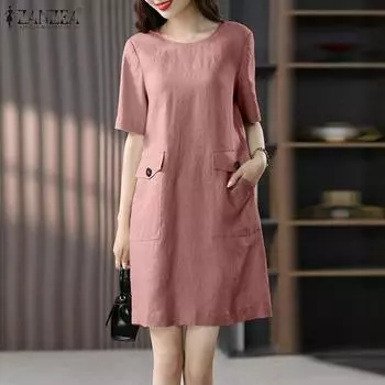 ZANZEA Женское повседневное однотонное летнее хлопковое платье с круглым вырезом и короткими рукавами