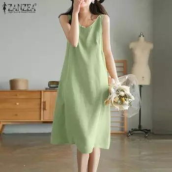 ZANZEA Женское повседневное однотонное летнее платье без рукавов с круглым вырезом 3XL красный