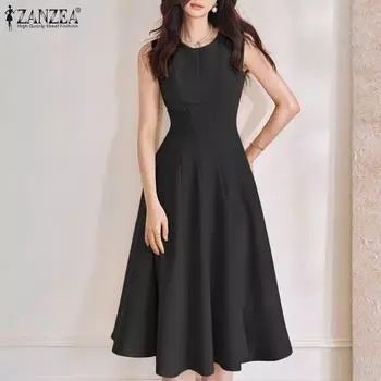 ZANZEA Женское повседневное однотонное летнее платье без рукавов с круглым вырезом