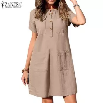 ZANZEA Женское повседневное однотонное летнее платье с круглым вырезом и коротким рукавом 4XL хаки