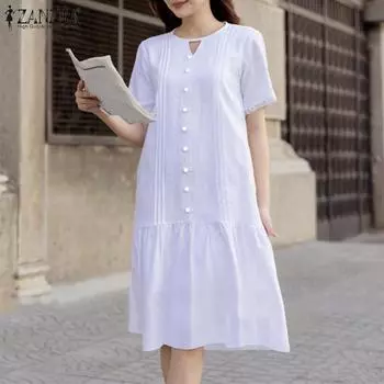 ZANZEA Женское повседневное однотонное летнее платье с круглым вырезом и коротким рукавом S белый