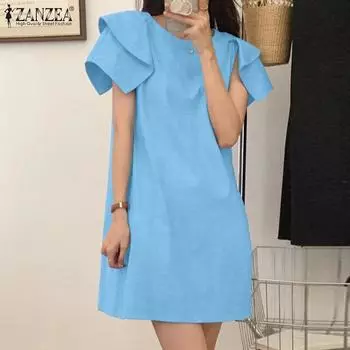 ZANZEA Женское повседневное однотонное летнее платье с круглым вырезом и короткими рукавами S темно-синий