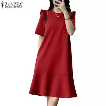 ZANZEA Женское повседневное однотонное летнее платье с круглым вырезом и коротким рукавом 5XL чёрный