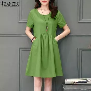 ZANZEA Женское повседневное однотонное летнее платье с круглым вырезом и коротким рукавом 5XL розовый