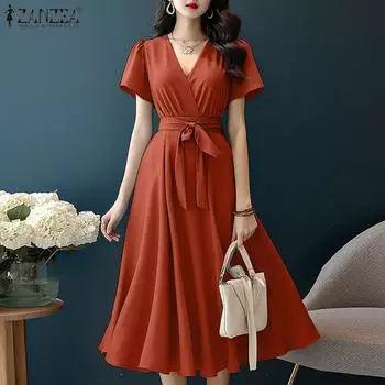 ZANZEA Женское повседневное однотонное летнее платье с v-образным вырезом и коротким рукавом S синий