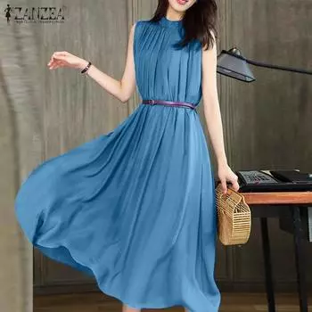 ZANZEA Женское повседневное однотонное летнее платье без рукавов с круглым вырезом 5XL синий