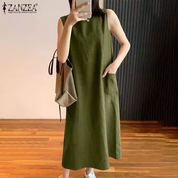 ZANZEA Женское повседневное однотонное летнее платье без рукавов с круглым вырезом