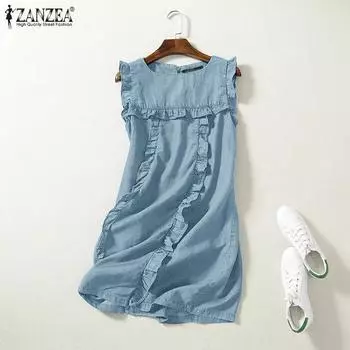 ZANZEA Женское повседневное однотонное летнее платье без рукавов с круглым вырезом M синий