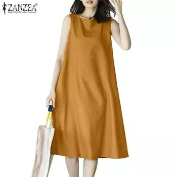 ZANZEA Женское повседневное однотонное летнее платье без рукавов с круглым вырезом 4XL жёлтый