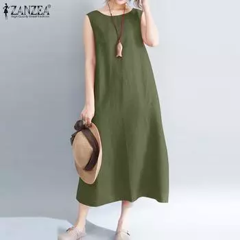 ZANZEA Женское повседневное однотонное летнее платье без рукавов с круглым вырезом 3XL темно-синий