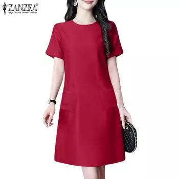 ZANZEA Женское повседневное однотонное летнее платье с круглым вырезом и коротким рукавом S чёрный